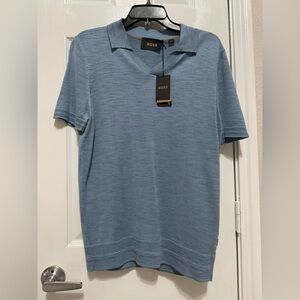 BOSS by HUGO BOSS Jaden 100% Silk Polo Shirt In Pastel Blue Color (Size Small).